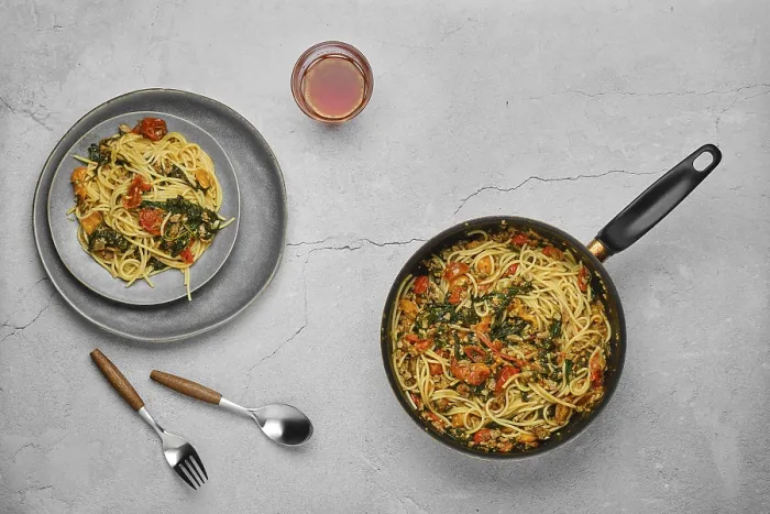 Framed Print : Overhead View of Spaghetti Print with Spinach and Tomato