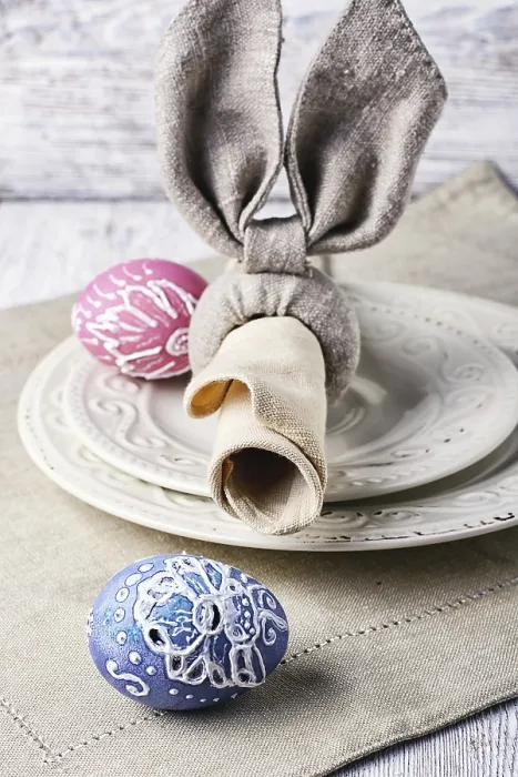 Framed Print : Easter Bunny Painted Easter eggs, a plate and a napkin Print Framed Print : Easter Bunny Painted Easter eggs, a plate and a napkin Print