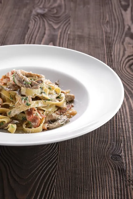 Framed Print : Pasta with Bacon and Squid Print