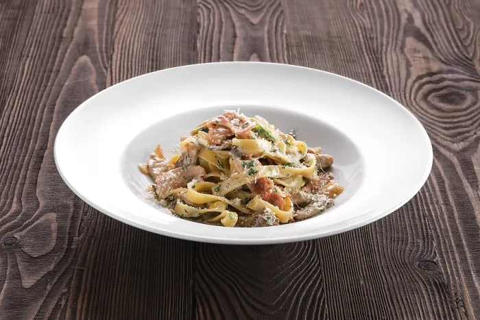 Framed Print : Print of Pasta with Bacon and Squid Framed Print : Print of Pasta with Bacon and Squid