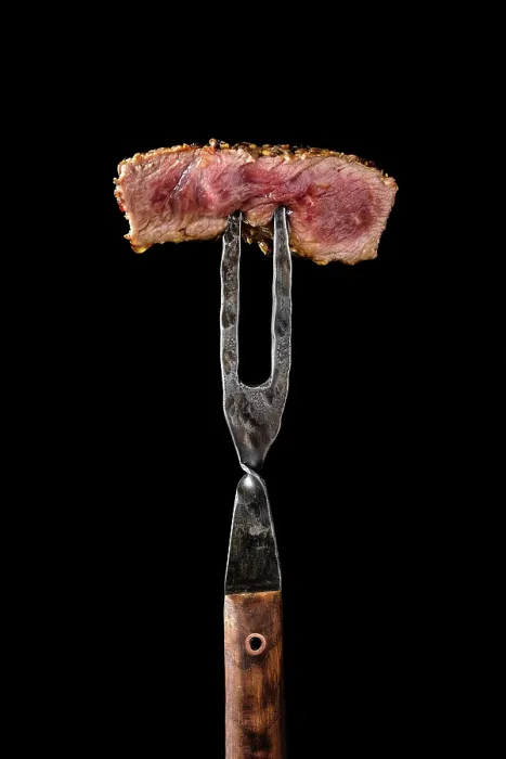 Framed Print : Medium Rare Steak Print - Piece on Fork Framed Print : Medium Rare Steak Print - Piece on Fork