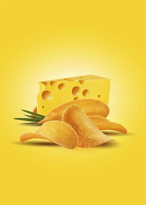 Framed Print : Print of a Palatable Cheese Snack on Yellow Background