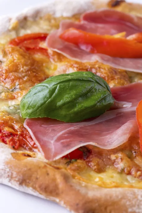 Framed Print : Detail of a Pizza with Ham and Basil Print Framed Print : Detail of a Pizza with Ham and Basil Print