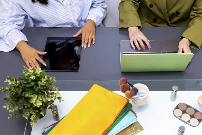Framed Print : Two Professionals Collaborate Using Technology - Print Framed Print : Two Professionals Collaborate Using Technology - Print