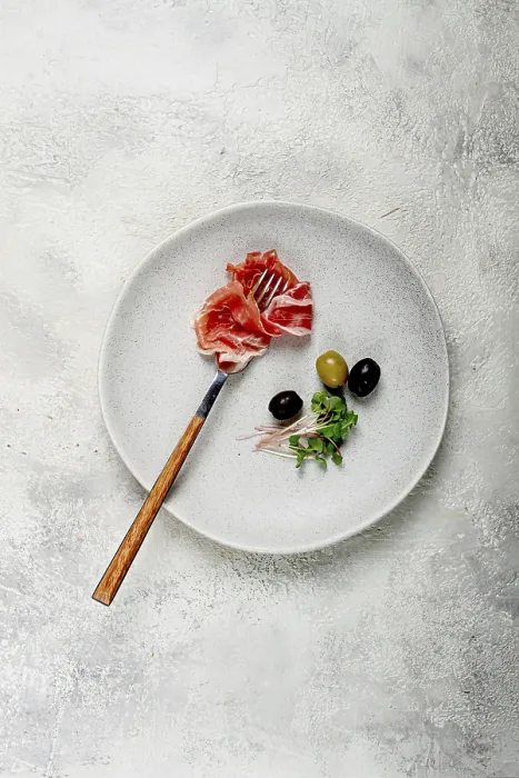 Framed Print : Prosciutto on a Fork Print, Top View Framed Print : Prosciutto on a Fork Print, Top View