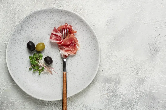 Framed Print : Prosciutto on a Fork Print, Top View Framed Print : Prosciutto on a Fork Print, Top View