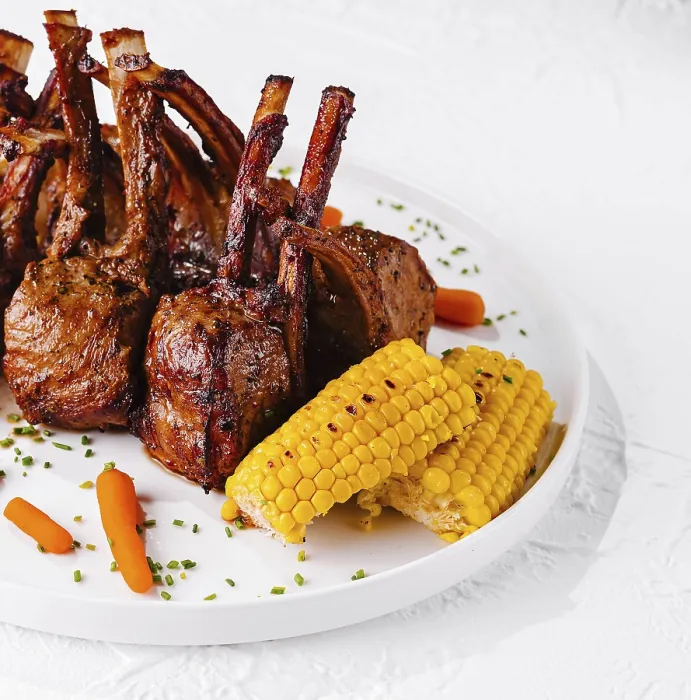 Framed Print : Rack of Lamb with Corn and Carrots Print Framed Print : Rack of Lamb with Corn and Carrots Print
