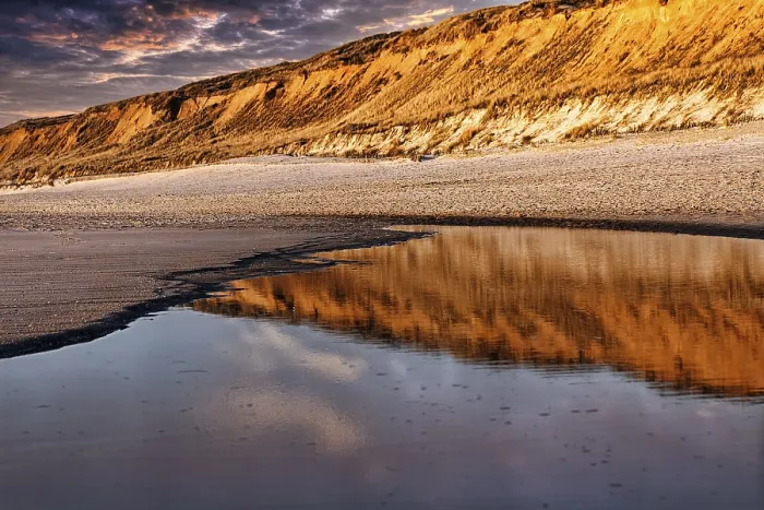 Framed Print : Red Cliff Reflected Print at Sunset, Sylt Beach, Germany Framed Print : Red Cliff Reflected Print at Sunset, Sylt Beach, Germany