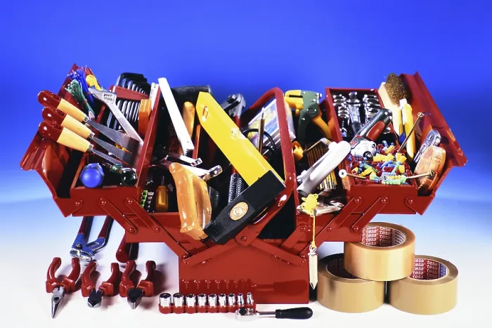 Framed Print : Print of a Red Toolbox with Various Tools Framed Print : Print of a Red Toolbox with Various Tools