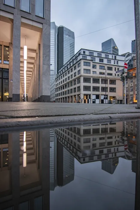 Framed Print : Reflection in a Puddle Print - Frankfurt Cityscape Framed Print : Reflection in a Puddle Print - Frankfurt Cityscape