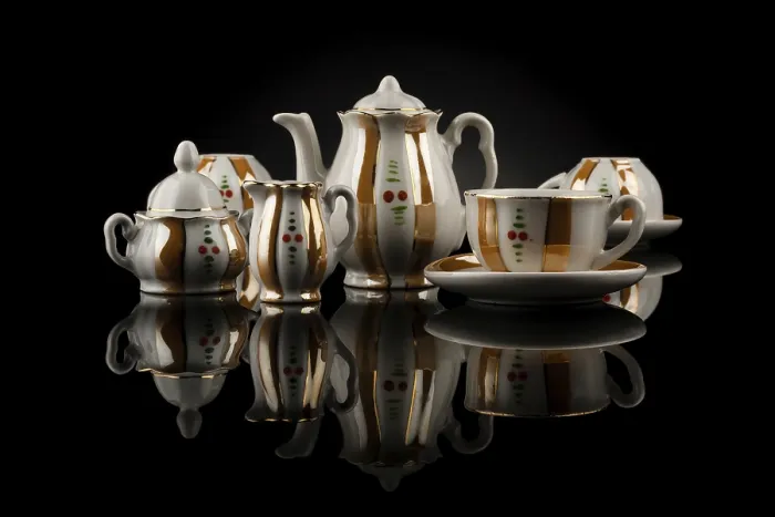 Framed Print : Retro Tea Set Print on Black Background Framed Print : Retro Tea Set Print on Black Background