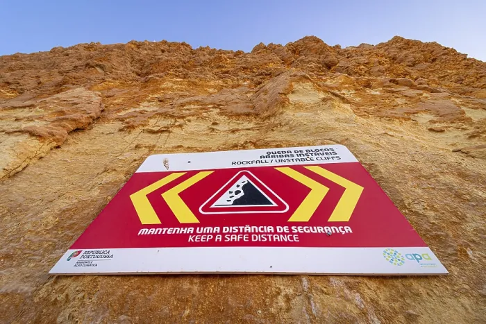 Framed Print : Rockfall Warning Sign Print, Albufeira Coast, Portugal Framed Print : Rockfall Warning Sign Print, Albufeira Coast, Portugal