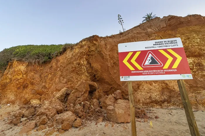 Framed Print : Rockfall Warning Sign Print, Albufeira Coast, Portugal Framed Print : Rockfall Warning Sign Print, Albufeira Coast, Portugal