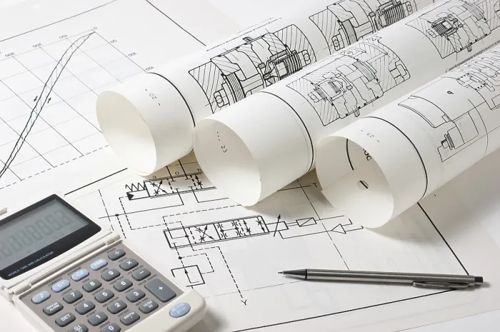 Framed Print : Rolled Technical Drawings and a Calculator Print Framed Print : Rolled Technical Drawings and a Calculator Print