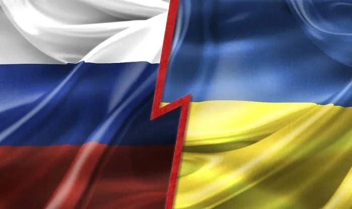 Framed Print : Russian and Ukrainian Flags Print: Global Tension Framed Print : Russian and Ukrainian Flags Print: Global Tension