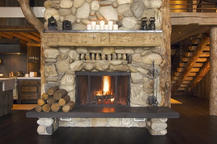 Framed Print : Rustic Fireplace in Log Cabin Print