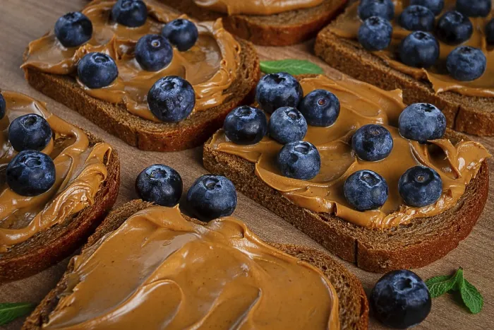 Framed Print : Rye bread with peanut paste and blueberries print, top view Framed Print : Rye bread with peanut paste and blueberries print, top view