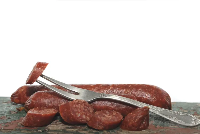 Framed Print : Salami with a fork Print by imageBROKER Framed Print : Salami with a fork Print by imageBROKER