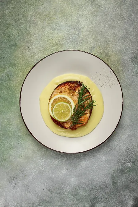 Framed Print : Salmon Steak Print - Fried, Mashed Potatoes and Herbs Framed Print : Salmon Steak Print - Fried, Mashed Potatoes and Herbs