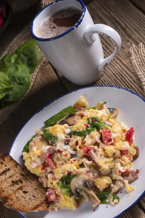 Framed Print : Scrambled Eggs with Tomatoes and Spinach Print Framed Print : Scrambled Eggs with Tomatoes and Spinach Print
