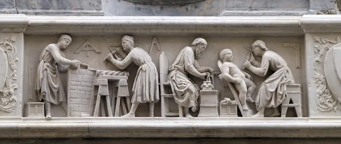 Framed Print : Detail of the sculptors and architects at work Print, Orsanmichele Church, Florence