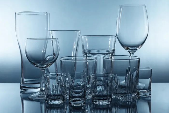 Framed Print : Set of Different Empty Glasses Print on Blue Background Framed Print : Set of Different Empty Glasses Print on Blue Background