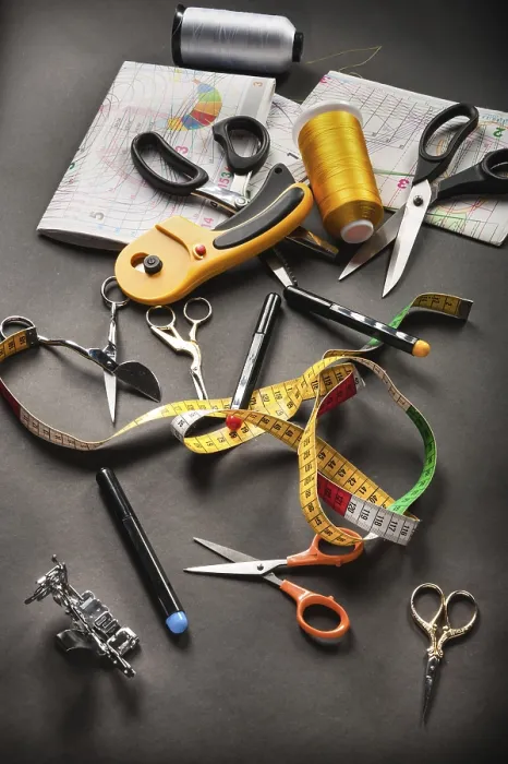 Framed Print : Sewing Tools Print with Thread Scissors and Measuring Tape Framed Print : Sewing Tools Print with Thread Scissors and Measuring Tape