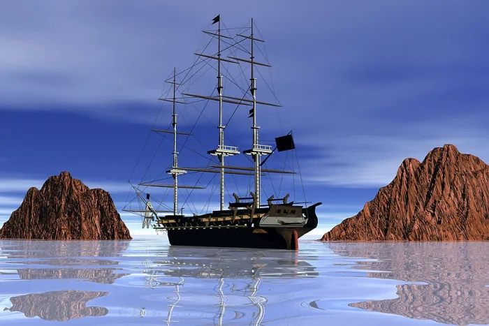 Framed Print : 3D Graphics Ship Print between Rocks Framed Print : 3D Graphics Ship Print between Rocks