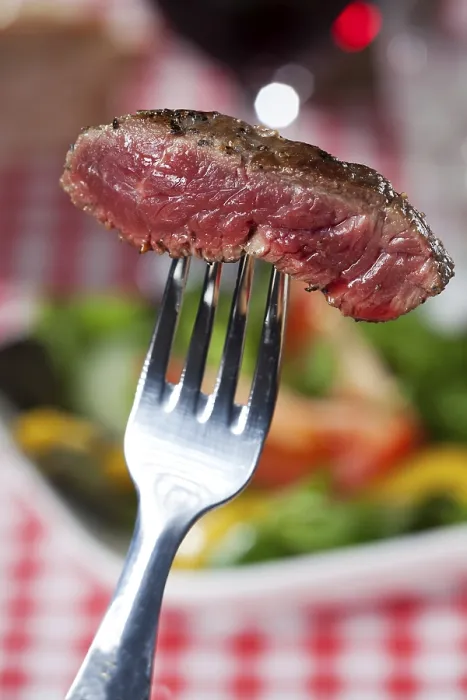 Framed Print : Steak Print on Fork Over Salad Framed Print : Steak Print on Fork Over Salad