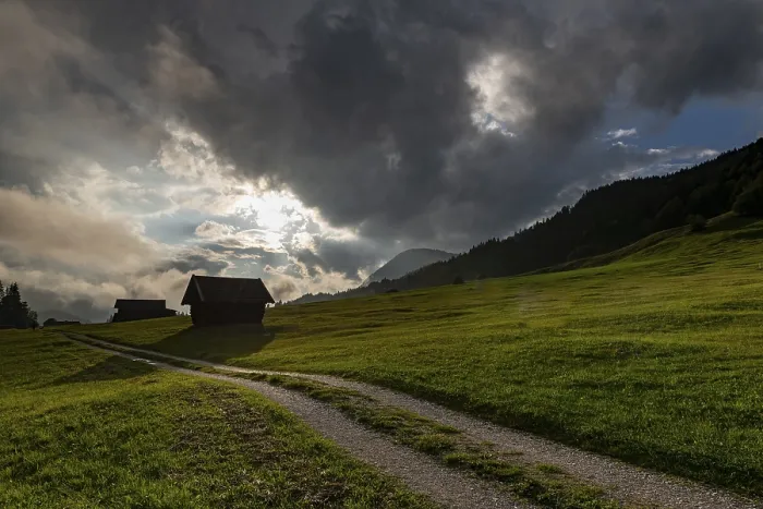 Framed Print : Mountain Hut Print: Bavarian Landscape with Dramatic Clouds Framed Print : Mountain Hut Print: Bavarian Landscape with Dramatic Clouds