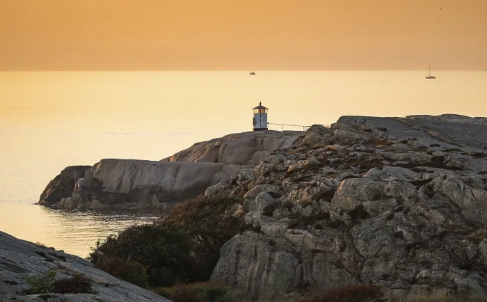 Framed Print : Small Lighthouse at Sunset Print, Smogen, Sweden