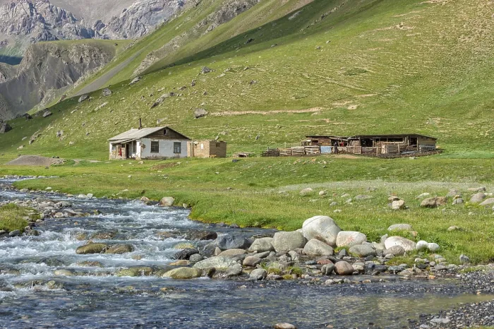 Framed Print : Small Settlement along a mountain river Print, Kyrgyzstan Framed Print : Small Settlement along a mountain river Print, Kyrgyzstan