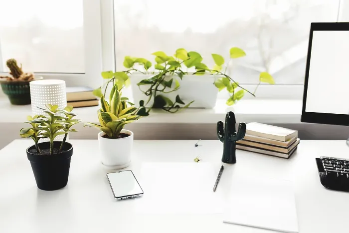 Framed Print : Smartphone on White Table Print - Work from Home Scene Framed Print : Smartphone on White Table Print - Work from Home Scene