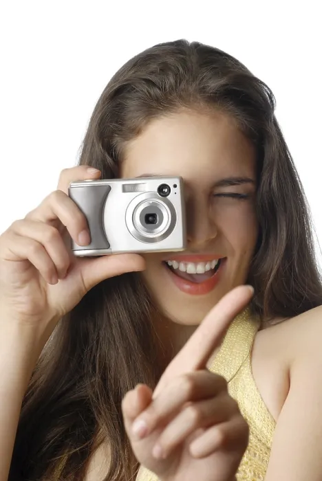 Framed Print : Smiling Model Holding Digital Camera Print