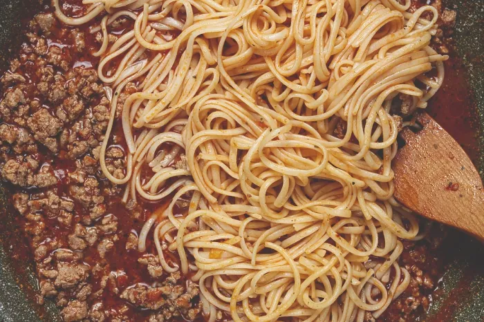 Framed Print : Spaghetti Bolognese Print, Close-Up Frying Pan View Framed Print : Spaghetti Bolognese Print, Close-Up Frying Pan View