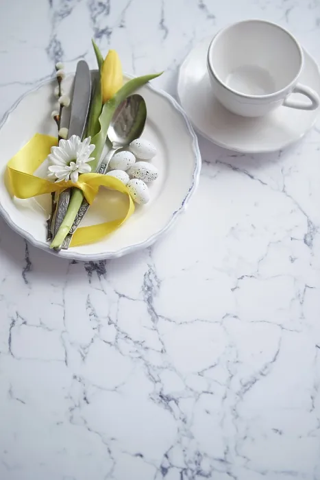 Framed Print : Spring Easter Table Setting Print at White Marble Table Framed Print : Spring Easter Table Setting Print at White Marble Table