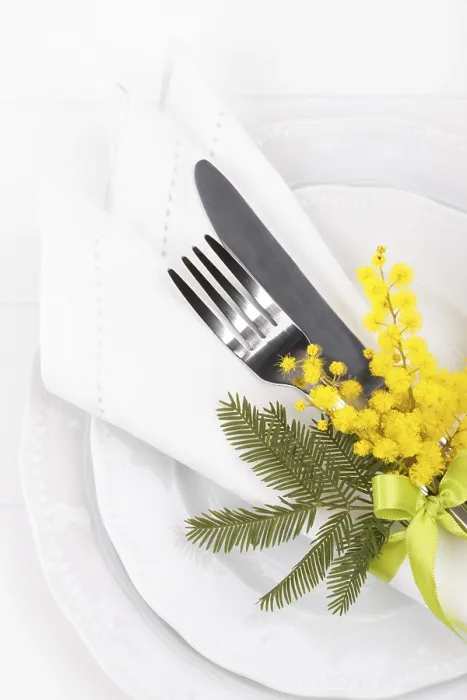 Framed Print : Spring Table Setting with Mimosa Easter Holidays Dinner Print