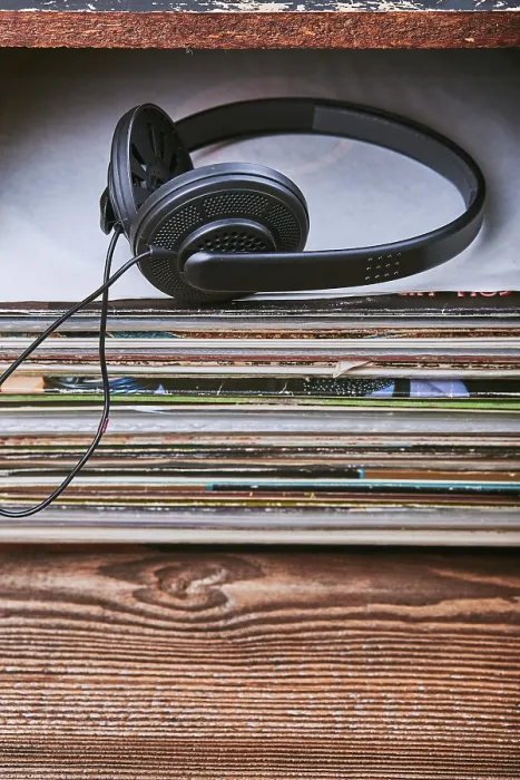 Framed Print : Vinyl Record Stack with Headphones Print Framed Print : Vinyl Record Stack with Headphones Print