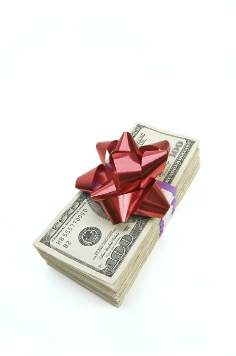 Framed Print : Stack of Money with Bow Print - Isolated on White Framed Print : Stack of Money with Bow Print - Isolated on White