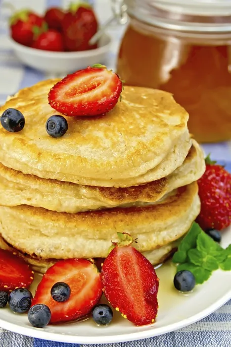 Framed Print : A Stack of Pancakes with Fresh Fruits and Honey Print Framed Print : A Stack of Pancakes with Fresh Fruits and Honey Print