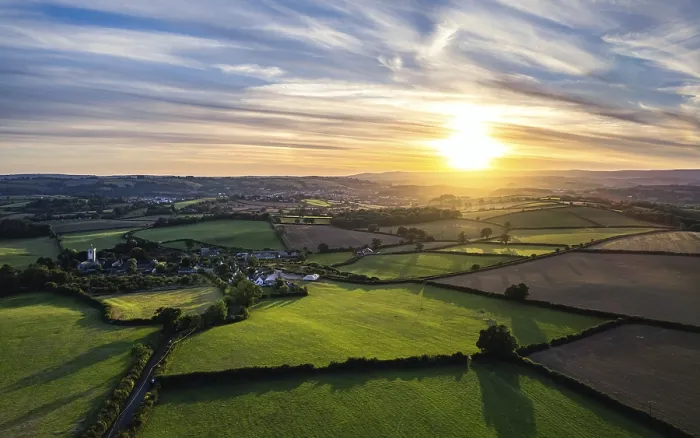 Framed Print : Sunset over Devon Fields Drone Print, England Framed Print : Sunset over Devon Fields Drone Print, England