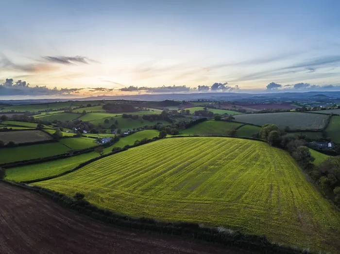 Framed Print : Devon Sunset over Fields and Farms Print, England Framed Print : Devon Sunset over Fields and Farms Print, England