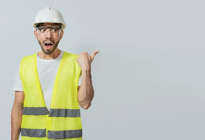 Framed Print : Surprised Engineer Pointing to the Side Print Framed Print : Surprised Engineer Pointing to the Side Print