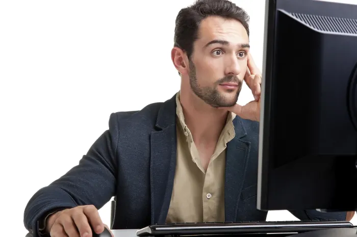Framed Print : Surprised Man Looking at Computer Screen Print Framed Print : Surprised Man Looking at Computer Screen Print