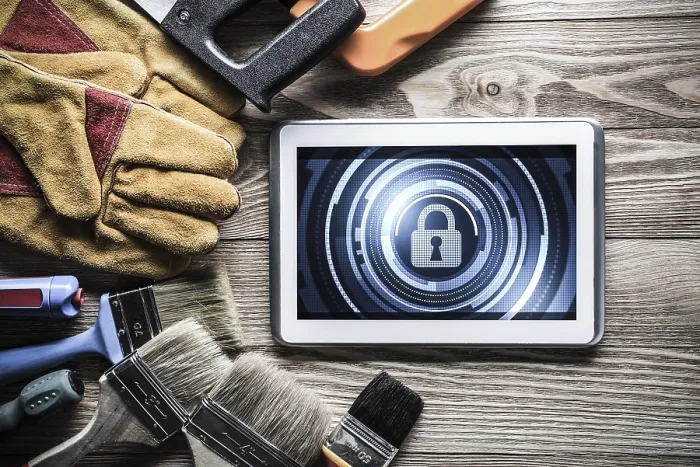 Framed Print : Tablet PC with Security Concept and Industrial Tools - Print Framed Print : Tablet PC with Security Concept and Industrial Tools - Print