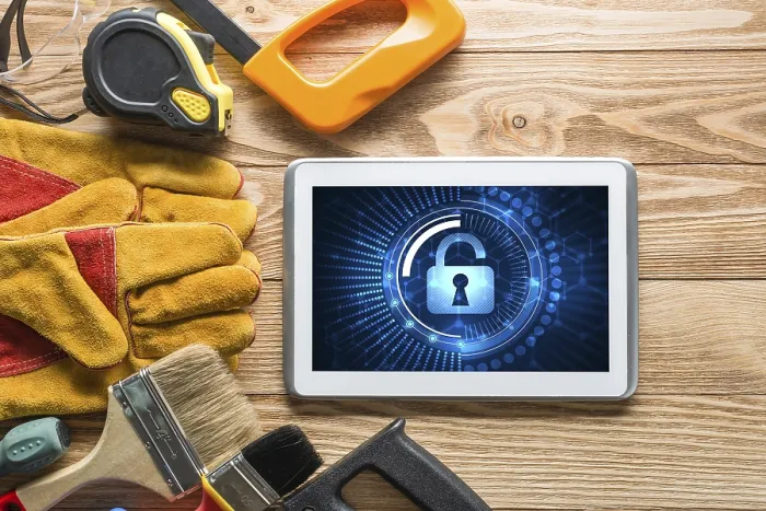 Framed Print : Tablet PC with Security Concept and Industrial Tools - Print Framed Print : Tablet PC with Security Concept and Industrial Tools - Print