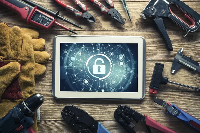 Framed Print : Tablet PC with Security Concept and Industrial Tools - Print Framed Print : Tablet PC with Security Concept and Industrial Tools - Print