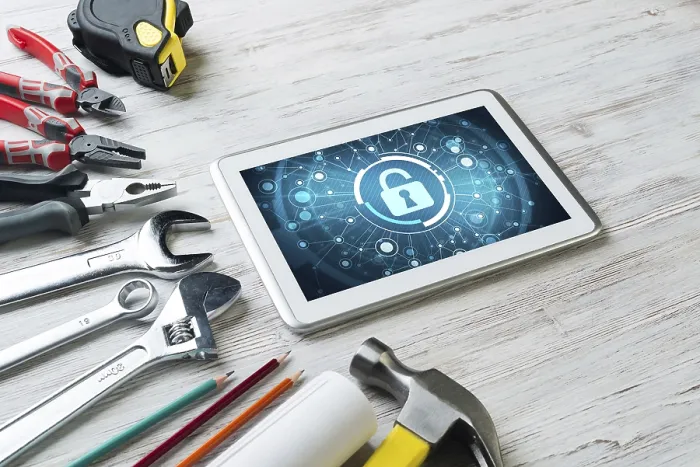 Framed Print : Tablet PC with Security Concept and Industrial Tools Print Framed Print : Tablet PC with Security Concept and Industrial Tools Print