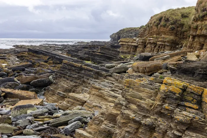 Framed Print : Tilted Devonian Sandstone Layers Print, Orkney Islands, Scotland Framed Print : Tilted Devonian Sandstone Layers Print, Orkney Islands, Scotland