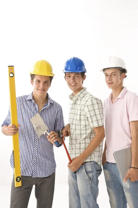 Framed Print : Three Trainees with Helmets and Tools Print Framed Print : Three Trainees with Helmets and Tools Print